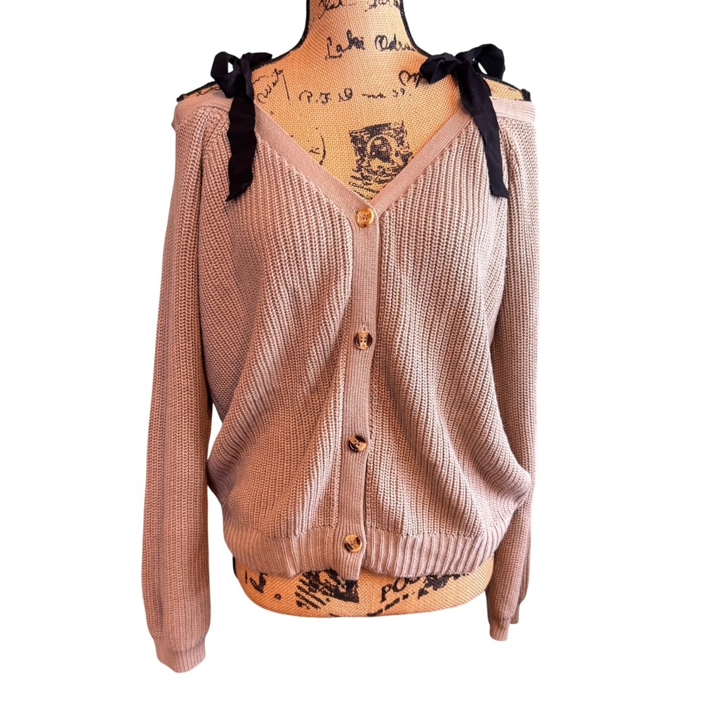 Lumiere Tan Ribbed Knit Cold Shoulder Cardigan Bow Straps L